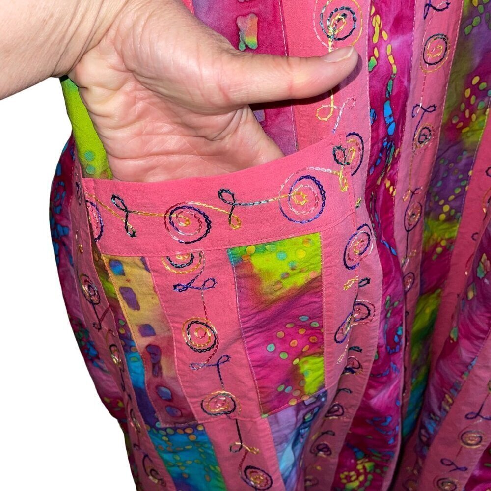 Vintage Womens Dress Size Large Pink Tie Dye Embroidered Patchwork Midi - Picture 10 of 10